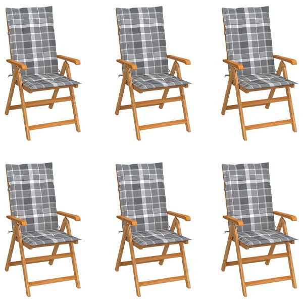 vidaXL Gartenstühle 6 Stück Graue Karomuster-Kissen Massivholz Teak, 3065574