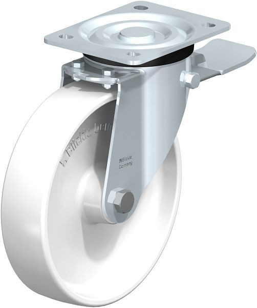 Blickle L-PPN 200R-ST Stahlblech-Lenkrolle, mittelschwere Ausführung, mit Anschraubplatte & Feststeller, Polypropylen, Weiß, 762826