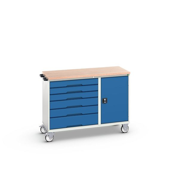 bott verso Montagewagen, mit 6 Schubladen, Tür und Multiplex-Top, BxTxH: 1300 x 600 x 980 mm, Lichtgrau / Enzianblau, 16927154.11