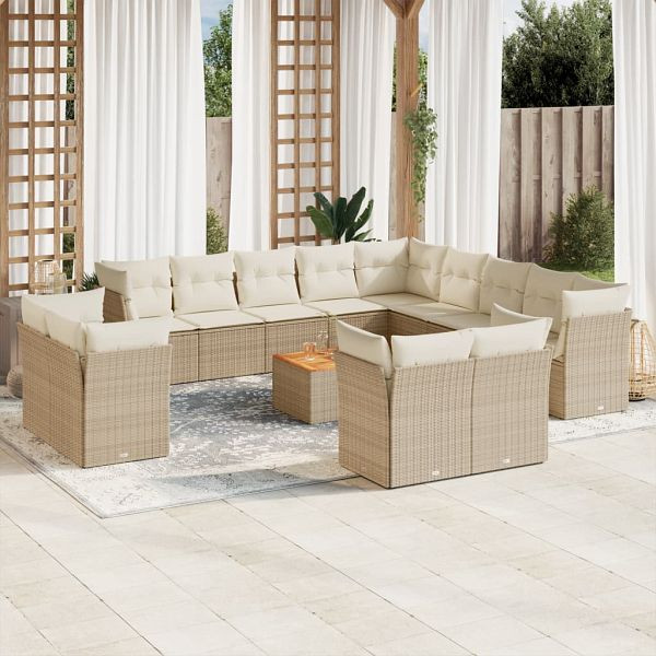 vidaXL 14-teilig Garten-Sofagarnitur mit Kissen Beige Poly Rattan, 3256289