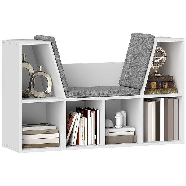 HOMCOM Bücherregal mit Sitzfläche, 6 Fächer, gepolstert, 105 x 30 x 63 cm, Weiß, 836-568V90WT