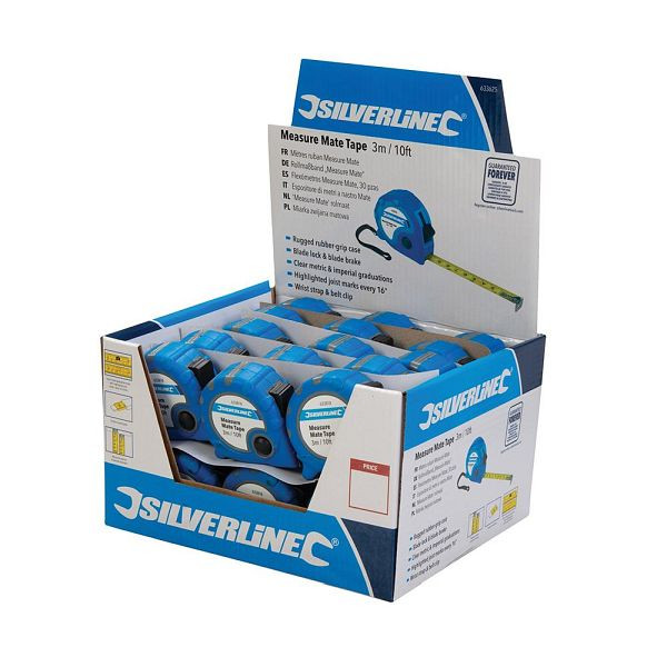 Silverline Rollbandmaße „Measure Mate“, Verkaufsdisplay, 3 m x 16 mm, 30 Stück, 633625