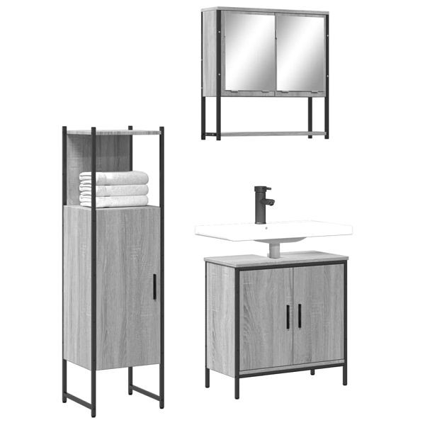vidaXL 3-teilig Badmöbel-Set Grau Sonoma Holzwerkstoff, 3214703