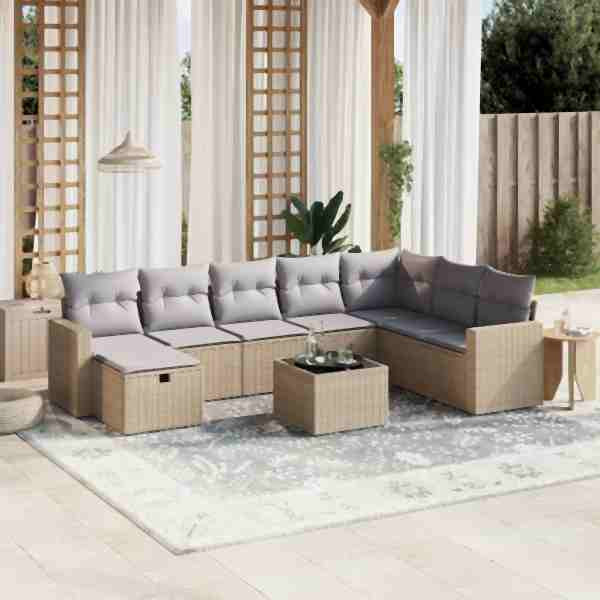 vidaXL 9-tlg. Garten-Sofagarnitur mit Kissen Beige Poly Rattan, UV-beständig, 3263595