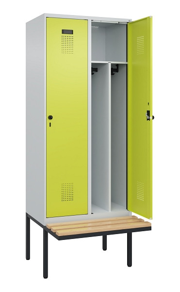 C+P Spind Evolo PLUS, 2 Abteile, 2120x800x815mm, 7035/0024, Haken 4, Drehriegel, Sitzfläche Holz, Trennwand, 0490407-22F S10015