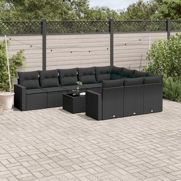 vidaXL 11-tlg. Garten-Sofagarnitur mit Kissen Schwarz Poly Rattan, 3251832