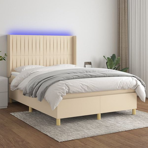 vidaXL Boxspringbett mit Matratze & LED Creme 140x200 cm Stoff, 3139042