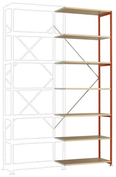 Manuflex Mittelschweres Fachboden-Steckregal Anbauregal mit 7 Holzverbundböden, HxBxT = 3000 x 1000 x 600 mm, rotorange, RP1708.2001