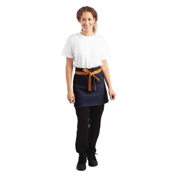 Whites Southside kurze Bistroschürze Denim blau mit hellbraunen Bändern, BB465