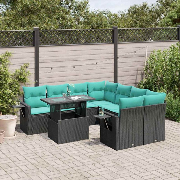 vidaXL 9-teiliges Gartensofa-Set mit Kissen, schwarzes Polyrattan, 3267797