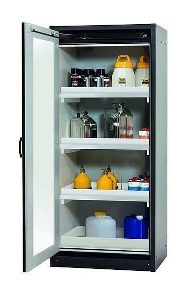 asecos Sicherheitsschrank Q-DISPLAY-30, Q30.195.086.WDFW in lichtgrau RAL 7035 mit 3x Wannenboden Standard (Polypropylen), 32781-061-30051