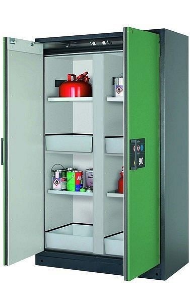 asecos Sicherheitsschrank Q-CLASSIC-90, Q90.195.120.MM in resedagrün RAL 6011 mit 4x Fachboden (Stahlblech), 34192-048-34204
