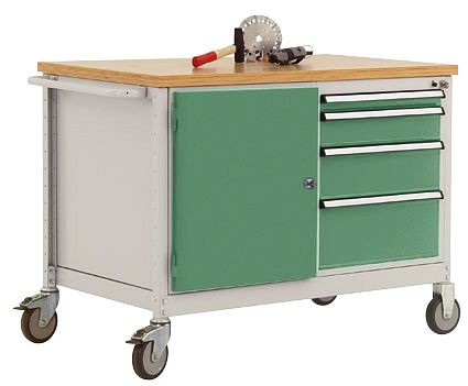 Manuflex Mobile Werkbank Modell 4 mit geölter Multiplex-Abdeckplatte 30 mm BxTxH 1135 x 590 x 810 mm, resedagrün, TP1004.6011
