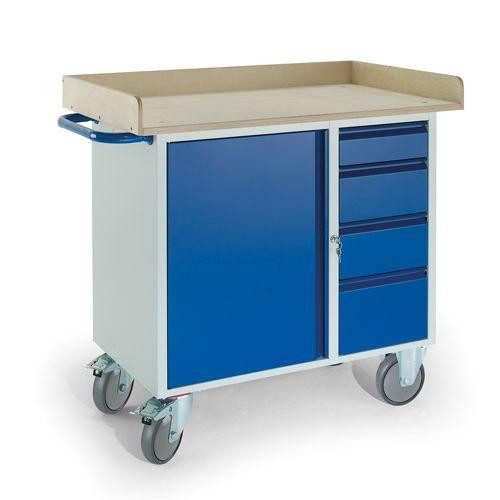 Rollcart Werkstattwagen mit 4 Schubladen 1 Stahlschrank Holzrand (1111x600), Tragkraft: 400 kg, 07-4363
