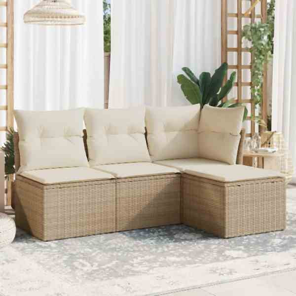 vidaXL 4-tlg. Garten-Sofagarnitur mit Kissen Beige Poly Rattan, UV-beständig, 3249337