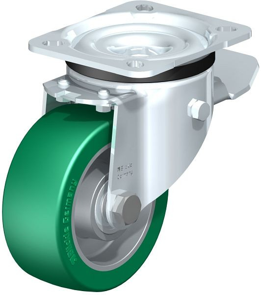 Blickle LK-ALST 100K-1-ST Stahlblech-Lenkrolle, schwere Ausführung, mit Anschraubplatte & Feststeller, Blickle Softhane®, Grün, 644096