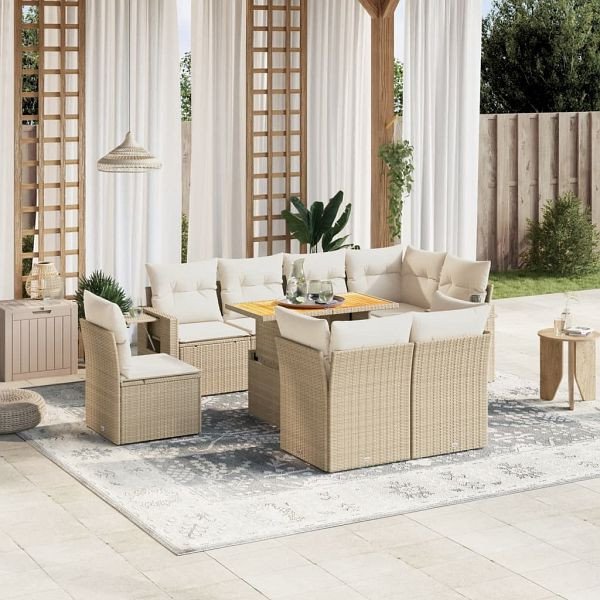 vidaXL 9-teilig Garten-Sofagarnitur mit Kissen Beige Poly Rattan, 3271849