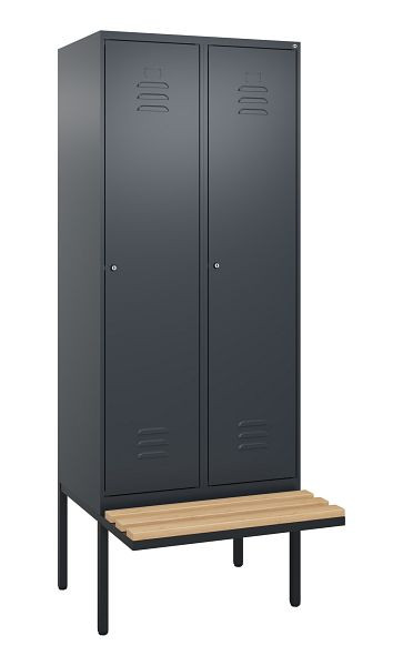 C+P Umkleidespind Classic PLUS, 2 Abteile, 2120x800x815mm, 7016/7016, Zylinderschlösser, Buche-Sitzleisten, je 2 Doppel-Haken, 0800407-22F S10056