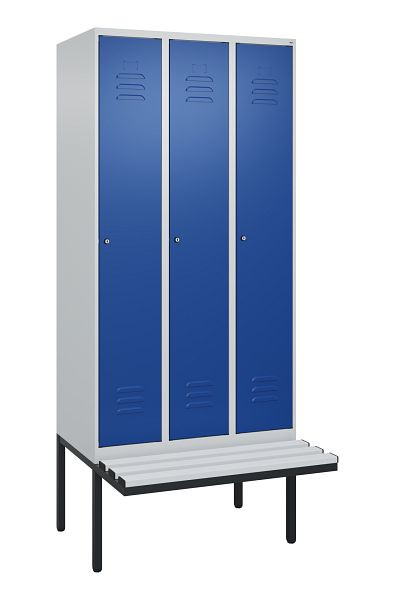 C+P Umkleidespind Classic PLUS, 3 Abteile, 2120x900x815mm, 7035/5010, Zylinderschlösser, je 2 Doppel-Haken, 0800407-30F S10018