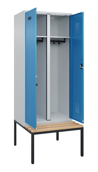 C+P Schwarz-Weiß-Spind Evolo PLUS, Bank, 2 Abteile, 2120x800x815mm, 7035/5012, Zylinderschloss, Sitzfläche Buche-Hartholz, Sitzbank, 0490527-22 S10034