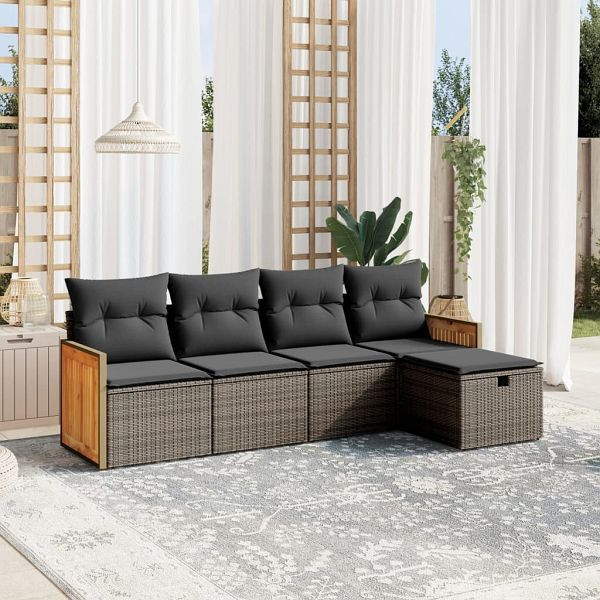 vidaXL 5-teilig Garten-Sofagarnitur mit Kissen Grau Poly Rattan, 3265722