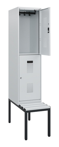 C+P Doppelstöckiger Spind Evolo PLUS, Bank, 2 Fächer, 1950x400x815mm, 7035/7035, Zylinderschloss, Sitzfläche Kunststoff, Sitzbank, 0493505-12 S10148