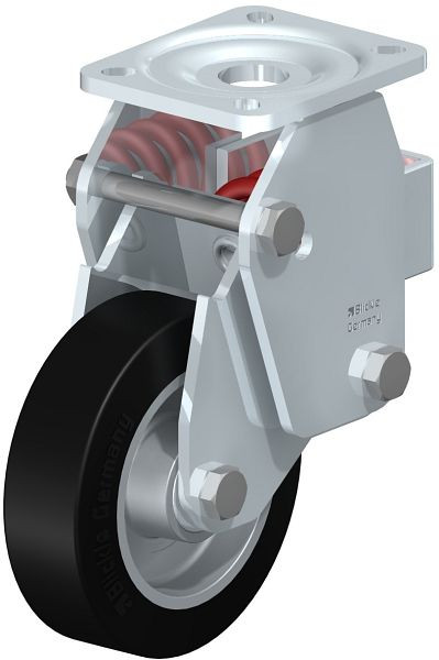 Blickle BHF-ALEV 125K-1 Stahlblech-Bockrolle, Schwerlast-Ausführung, mit Stahlfeder, Elastik-Vollgummi, Schwarz, 605733