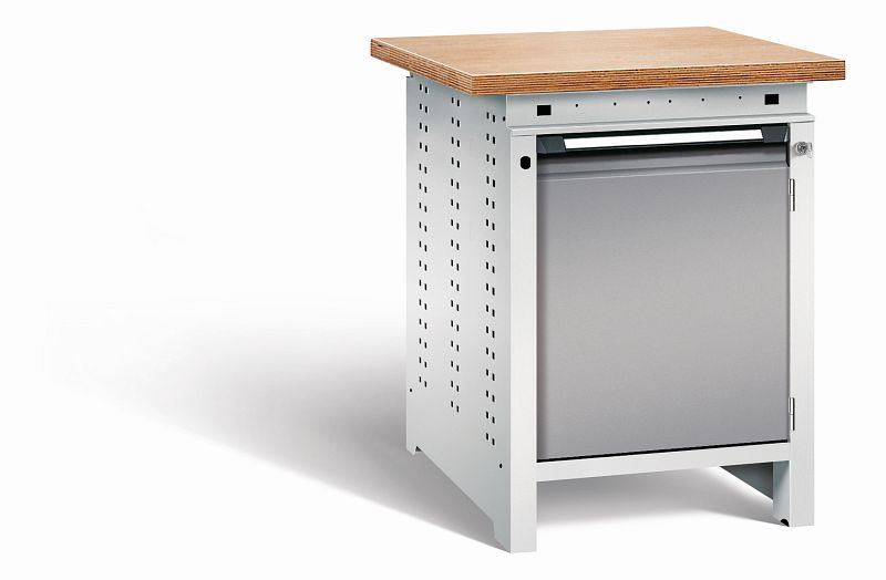 Otto Kind Werkbank Serie function Typ 104, Multiplexplatte 40 mm, überstehend, 1Tür 570 mm, 1 Ablageboden, Gehäuse RAL 7035, Front RAL 7037, 072321267