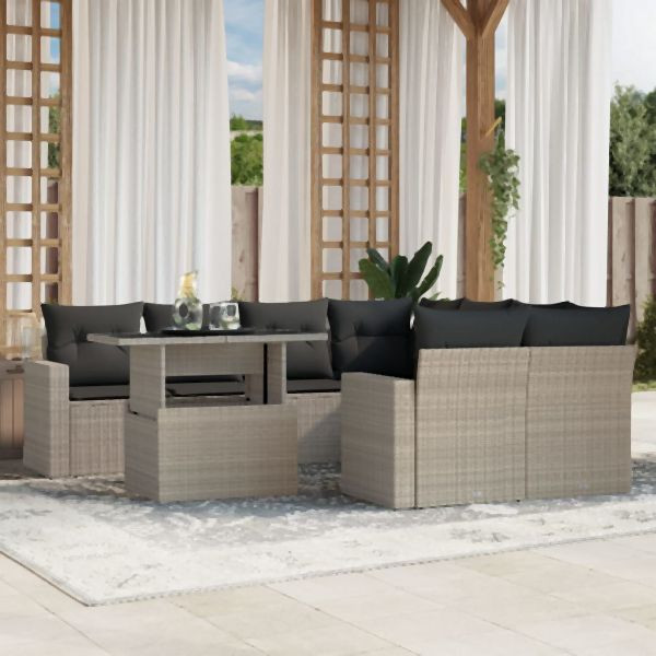 vidaXL 9-tlg. Garten-Sofagarnitur mit Kissen Hellgrau Poly Rattan, 3267172
