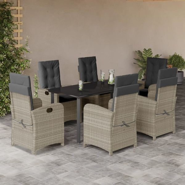 vidaXL 7-teilig Garten-Essgruppe mit Kissen Hellgrau Poly Rattan, 3212426