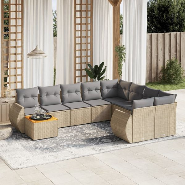 vidaXL 10-teilig Garten-Sofagarnitur mit Kissen Beige Poly Rattan, 3257501