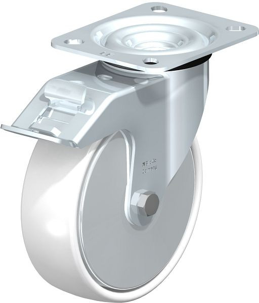 Blickle LE-PO 125R-FI-FA Stahlblech-Lenkrolle mit Anschraubplatte & Feststeller, Polyamid, Weiß, 637843