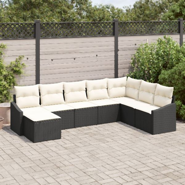 vidaXL 8 teiliges Garten Esstisch Set mit Kissen Schwarzes Poly Rattan, 3355506