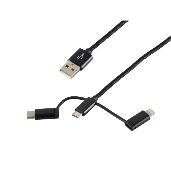 shiverpeaks BASIC-S, USB 3in1 Ladekabel, USB-A-Stecker auf USB Micro B + USB Typ C + Lightning Stecker, Nylon, schwarz, 1m, BS14-50068