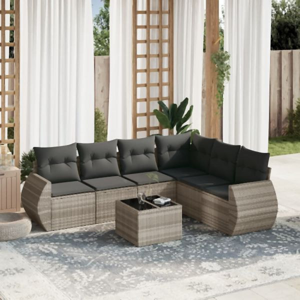 vidaXL 7-tlg. Garten-Sofagarnitur mit Kissen Hellgrau Poly Rattan, 3221421