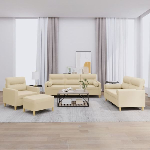 vidaXL 4-teilig Sofagarnitur mit Kissen Creme Stoff, 3201562