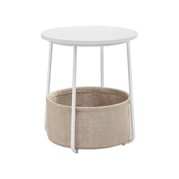 VASAGLE Runder Beistelltisch mit Korb aus Stoff weiß-beige, LET223W10