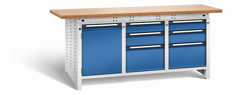 Otto Kind Werkbank Serie function Typ 311, Multiplexplatte 40 mm, überstehend, 2x Unterbau + mittleres Feld, Gehäuse RAL 7035, Front RAL 5010, 072366286