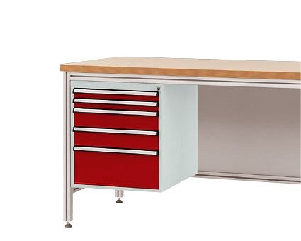 Manuflex Gehäuse-Unterbau für ALU-Arbeitstische, Nutzhöhe 500 mm mit 5 Schubfächern, für Tischtiefe 600 mm, Rubinrot, ZB4875.3003