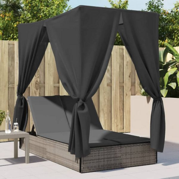 vidaXL Doppel-Sonnenliege mit Dach und Vorhängen Grau Poly Rattan, 368074