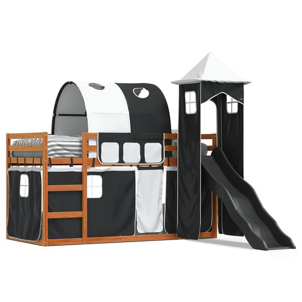 vidaXL Etagenbett mit Rutsche und Gardinen Weiß und Schwarz 90x200 cm, 3284167
