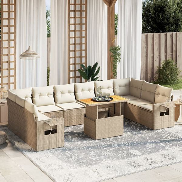 vidaXL 11-teilig Garten-Sofagarnitur mit Kissen Beige Poly Rattan, 3271926