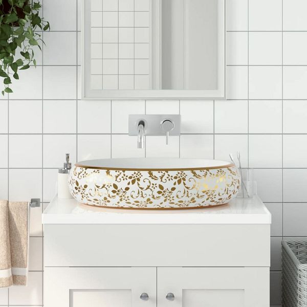 vidaXL Aufsatzwaschbecken Weiß und Golden Oval 59x40x15 cm Keramik, 155111