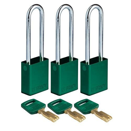 Brady Vorhängeschlösser SafeKey, eloxiertes Alu, VE: 3 Stück, lichte Bügelhöhe 76,20 mm, grün, 311817