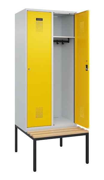 C+P Spind Evolo PLUS, 2 Abteile, 2120x800x815mm, 7035/1023, Haken 4, Zylinderschloss, Sitzfläche Buche-Hartholz, Sitzbank, 0490507-22 S10028
