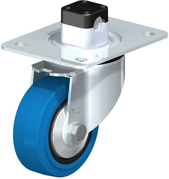 Blickle LK-POEV 100K-3-CS11-SB-FA Stahlblech-Lenkrolle, schwere Ausführung, mit Anschraubplatte & Zentralfeststeller, Elastik-Vollgummi, Blau, 851054