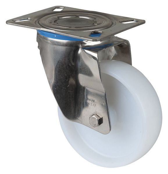 BS Rollen Edelstahl Transportrolle, Rad-Breite 37,5 mm, Rad-Ø 125 mm, Tragfähigkeit 130 kg, Kunststoff, Gleitlager, Platte, 163 mm, hoch, H100.A90.126