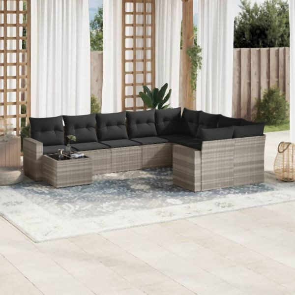 vidaXL 10-tlg. Garten-Sofagarnitur mit Kissen Hellgrau Poly Rattan, 3251799