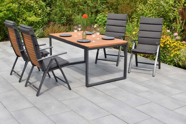 Merxx Santorin Set 9-teilig, 4 Klappsessel, 4 Auflagen, grau, 1 Ausziehtisch 150 (200) x 90 cm, Aluminium mit FSC Akazienholz, 51071-800