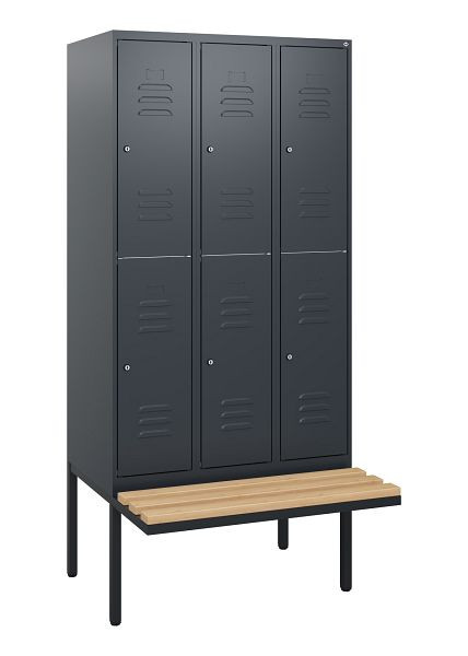 C+P Doppelstöckiger Spind Classic PLUS, 3 Abteile, 1950x900x815mm, 7016/7016, Zylinderschlösser, Buche-Sitzleisten, Sitzfläche, 0803405-30 S10042